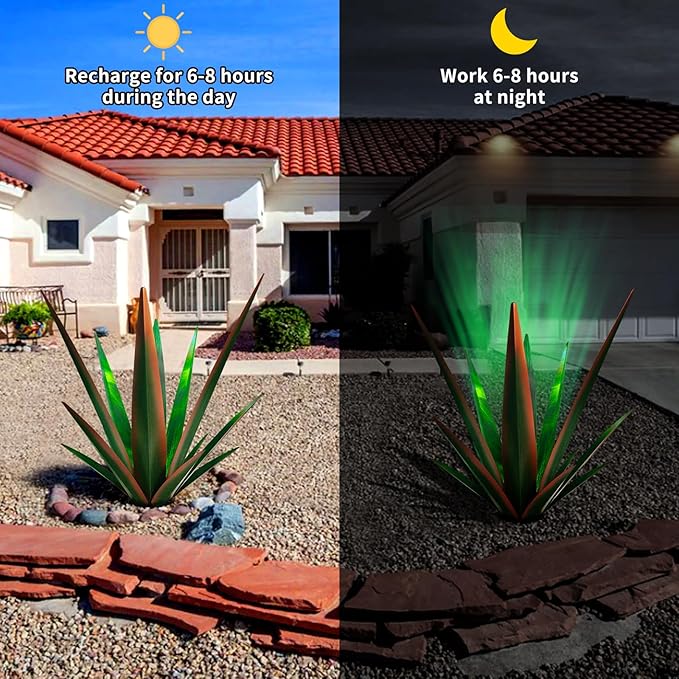 Large Tequila Rustic Sculpture, Rustic Metal Agave Plants for Outdoor Patio Yard, Home Decor Hand Painted Metal Agave Garden Yard Statue, Outdoor Lawn Ornaments (Blue - L (W/Solar Light))