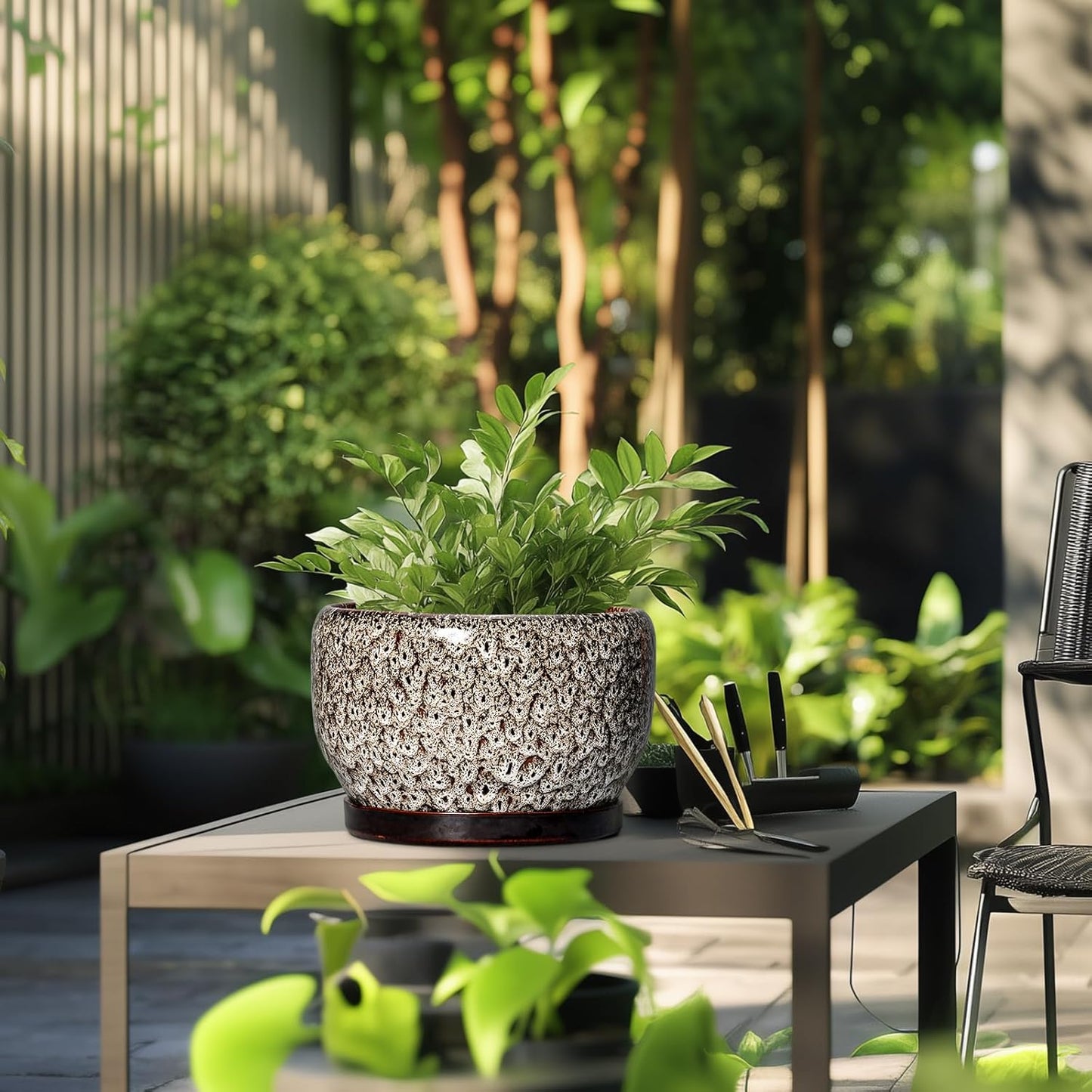 SQOWL Ceramic Plant Pots - 10 Inch Planter for Indoor Plants Outdoor, Large Flower Pots with Drainage Hole and Saucer, Decorative Round Planter, Apartment Decor, Garden Gifts for Women, White