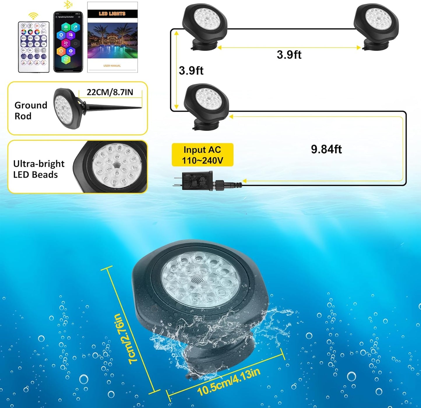 T-SUN Color Changing Submersible Pond Lights with APP and Remote Control, IP68 Waterproof Dimmable Timer Fountain Lights led Underwater for Koi Fish Tank Aquascape Waterfall Landscape(Set of 3)