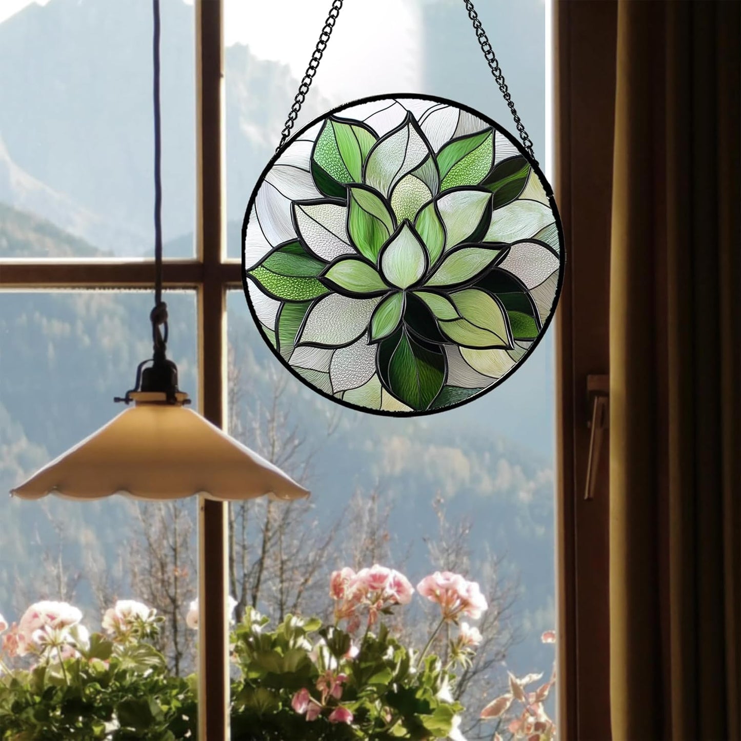Stained Glass Window Hanging - Green Succulent Plants Suncatcher for Doors Garden Patio Floral Sun Catchers Decor Christmas Mother's Day Birthday Gifts for Women Men Mom Nana Friend 9.8 in