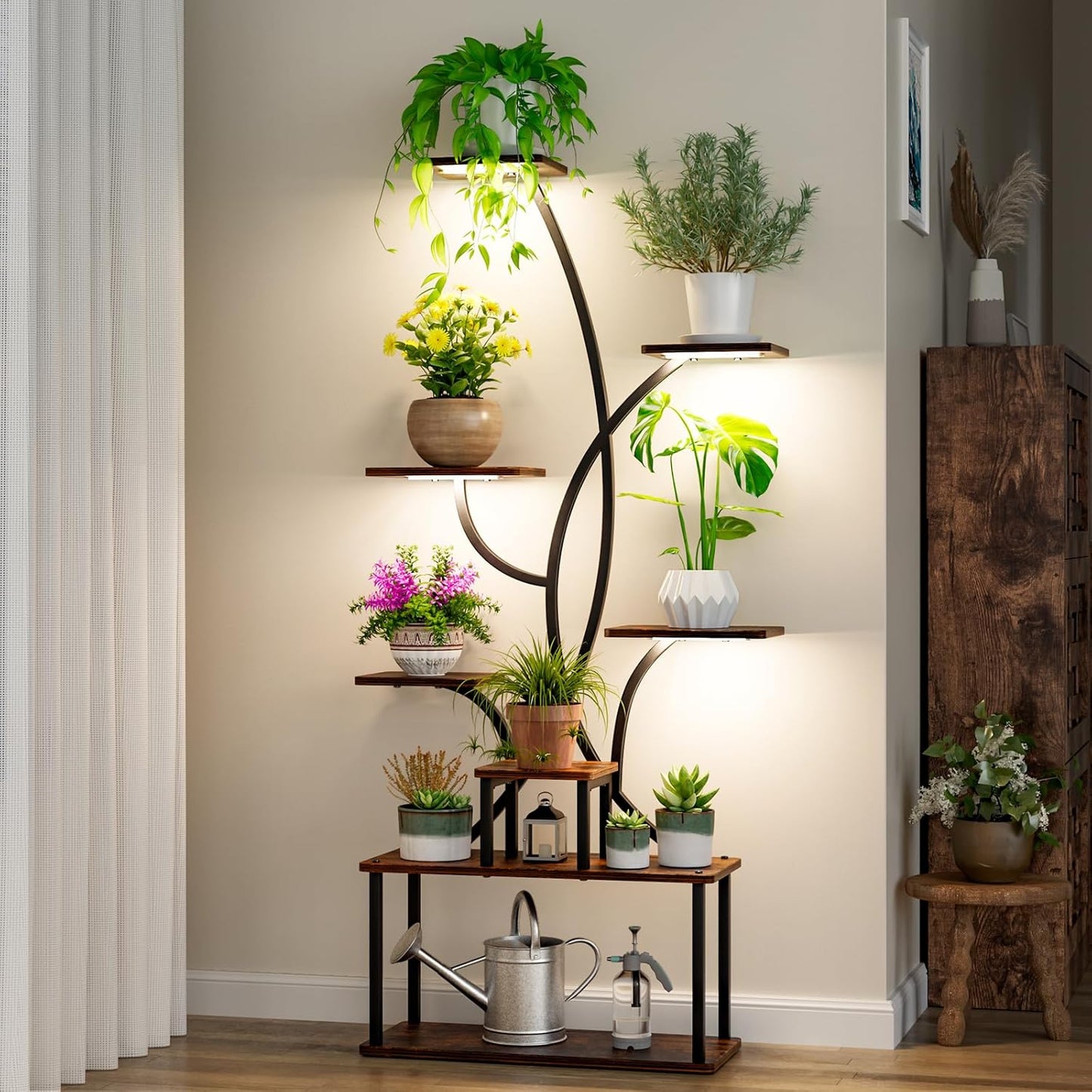Plant Stand Indoor, 8 Tiered Indoor Plant Shelf, 65" Tall Plant Stand with Grow Light, Corner Flower Stand S-Shaped Metal Holder Reversible Installation, Plant Rack for Home Patio Black