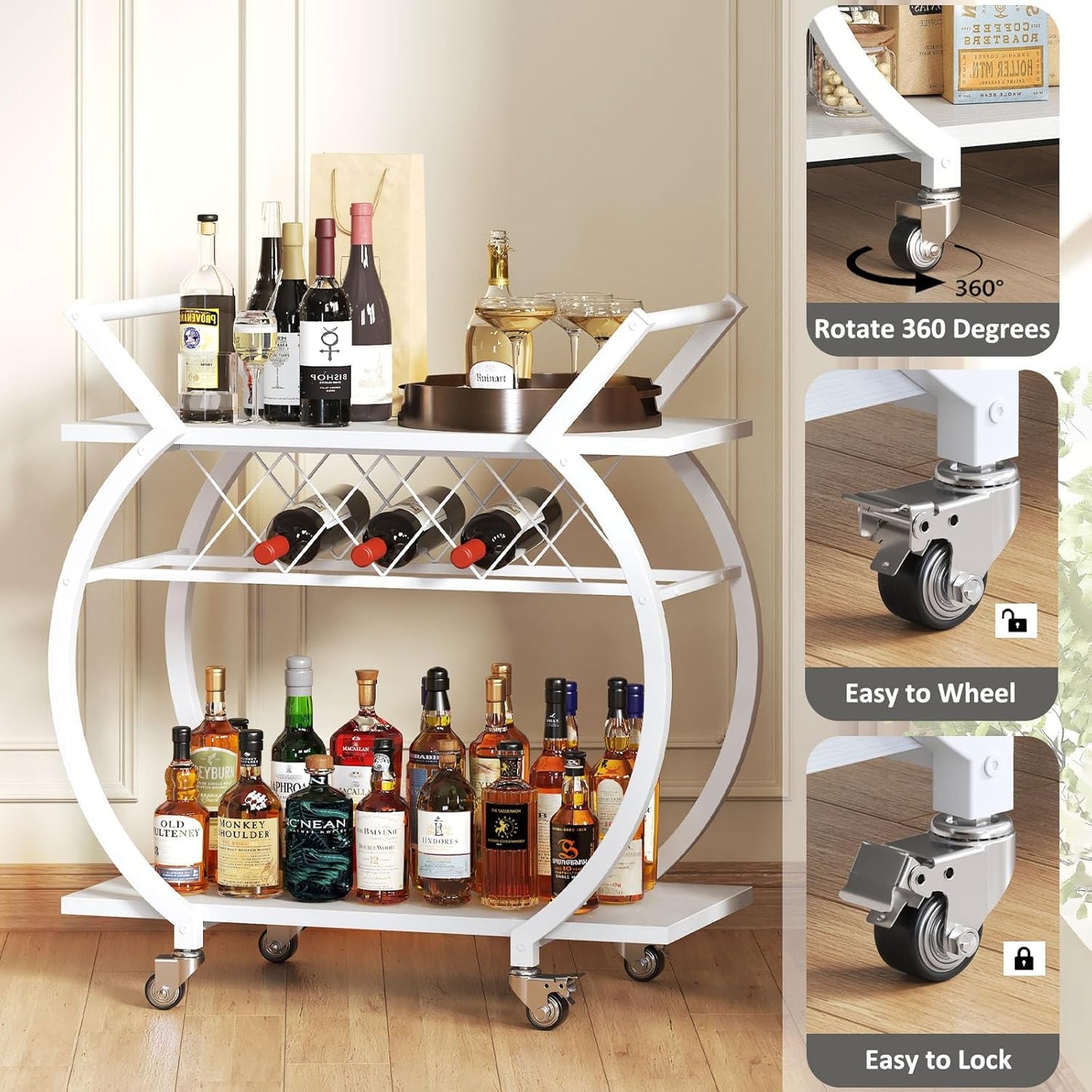 LVB White Bar Cart, Modern Rolling Serving Wine Cart with Storage, Industrial Wood Metal Kitchen Island Beverage Cart with Wheels, Microwave Drink Liquor Cart Table for Home Dining Living, White Oak