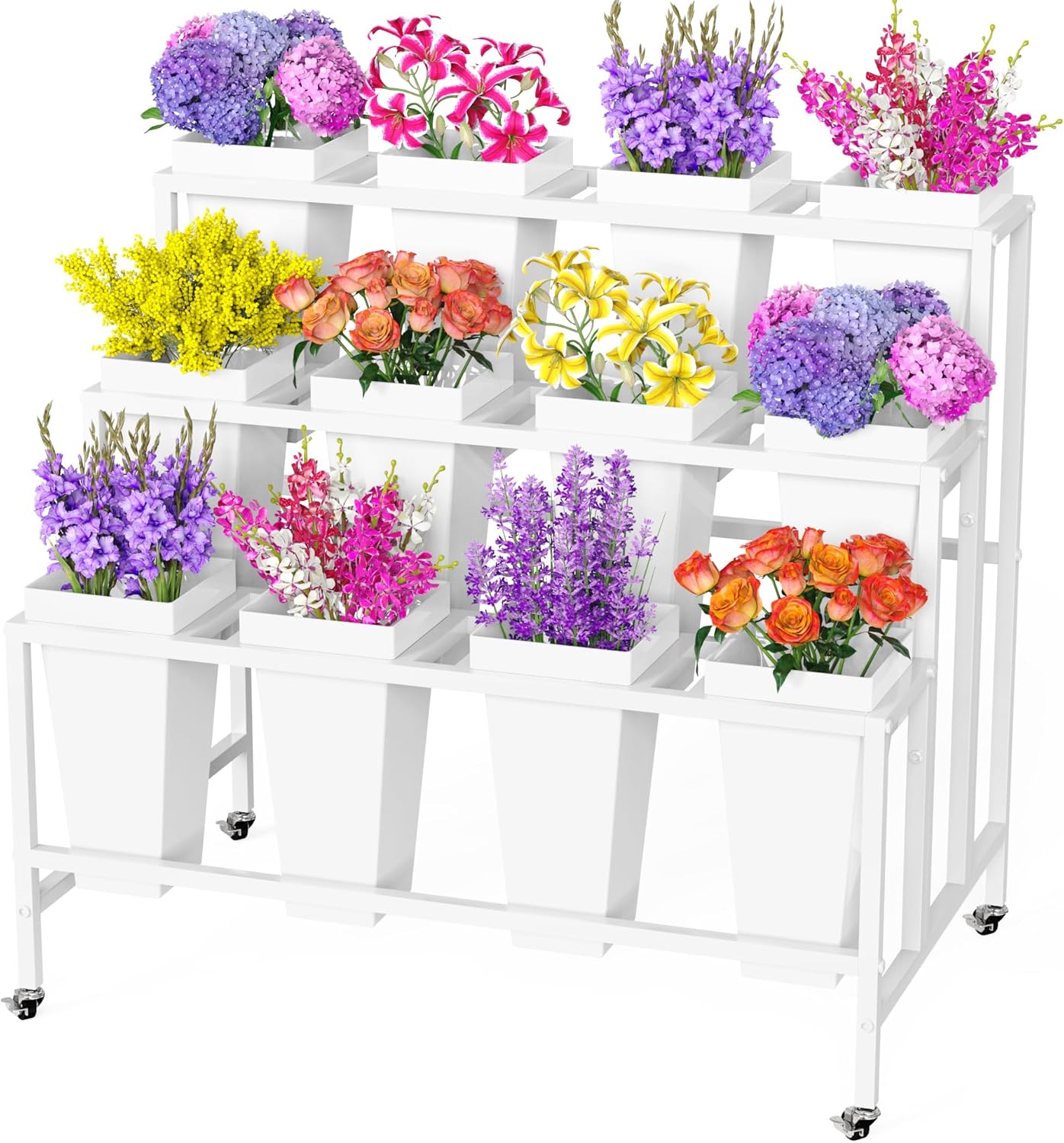 Putros Flower Display Stand with 12 Buckets White 3 Layers Metal Floral Cart with Wheels Moving Florist Bouquet Bar Plant Shelf for Indoor Outdoor Patio Garden Party Decor