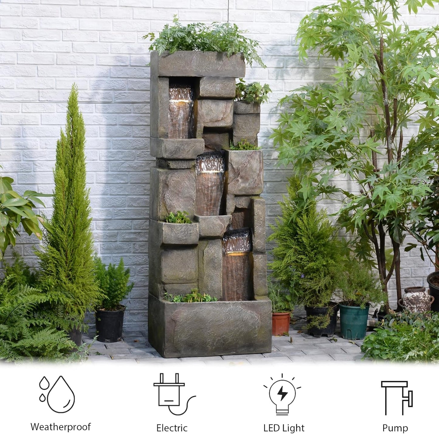 Garden Outdoor Water Fountain, 56.3" H 3-Tiered Imitation Rock Waterfall Fountain with LED Lights and Pumps for Garden, Patio, Backyard, Deck, Porch and Home Art Decor