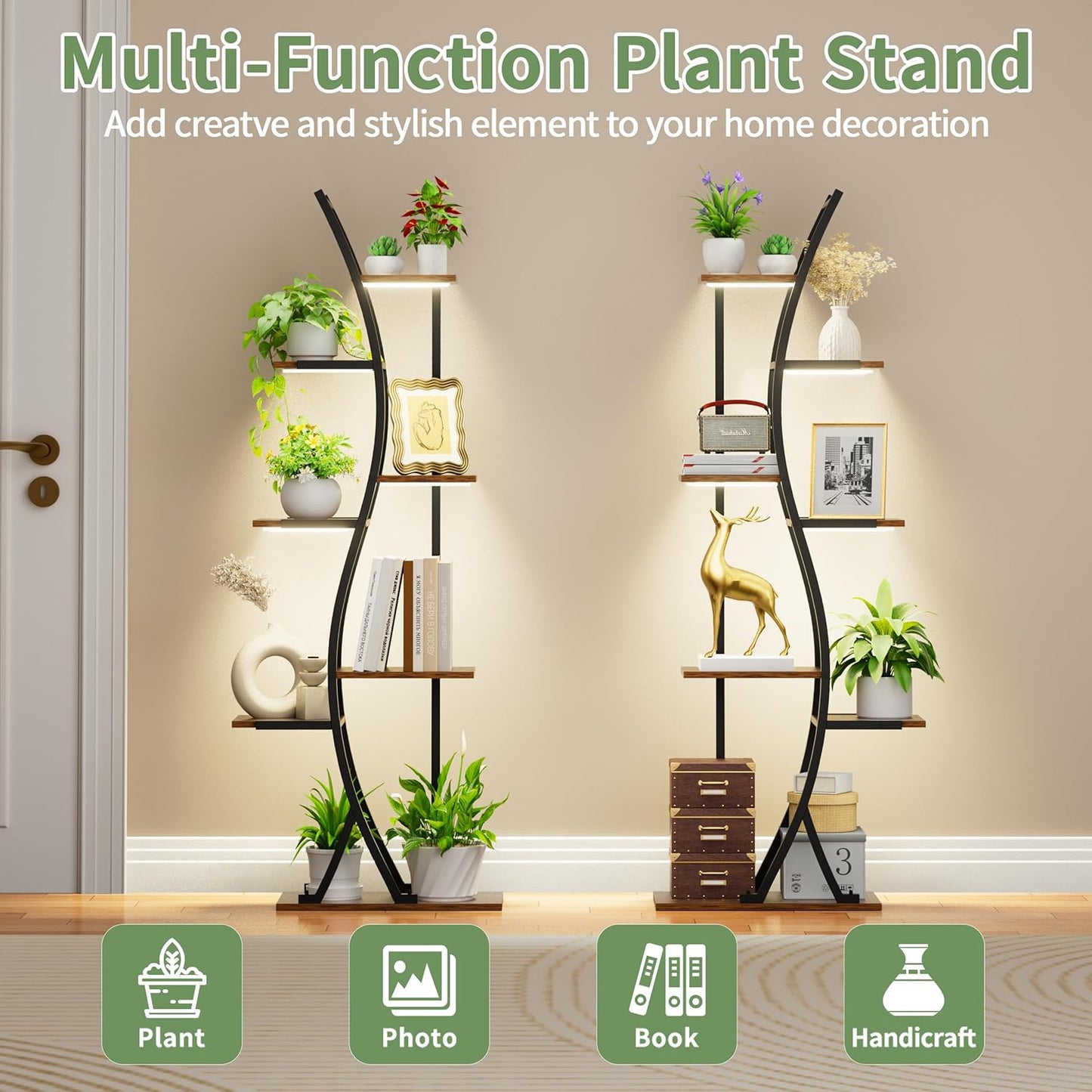 Tall Plant Stand Indoor with Grow Light, 62" 7 Tiered Plant Shelf Holder, Metal Large Corner Shelves Display Rack Flower Stand for Living room, Patio, 2 Pack