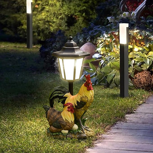 Solar Garden Outdoor Decor Statues Rooster Hen Couple with Light,Outside-Outdoor Decorations Sculptures for Patio Yard Lawn Walkway Ornaments Clearance Gifts for Mom Grandma Birthday