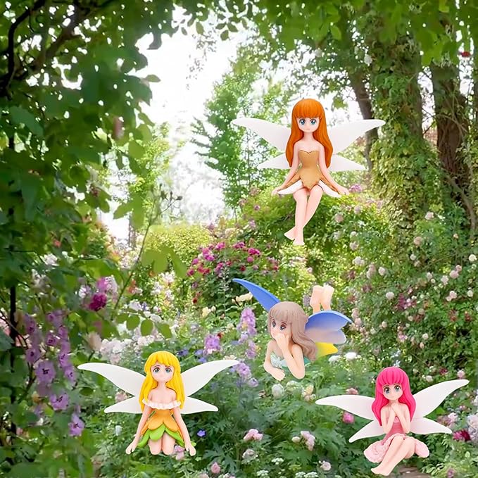 ONEST 5 Pieces Miniature Fairy Garden Accessories Small Fairy Figurines Hand Painted Fairy Figures Girl Fly Wing Figurines for Car Decor Fairy Garden Flower Pot Birthday Cake Topper