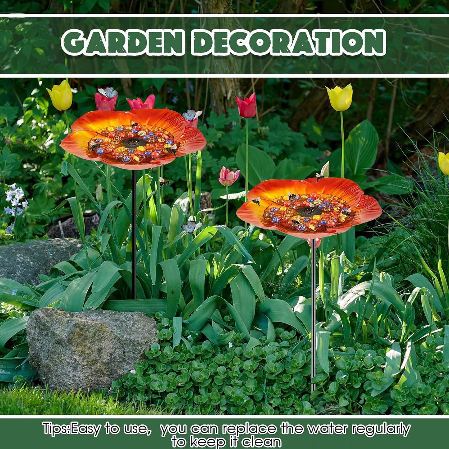 Tandefio Vivid Flower Bee Watering Station Metal Butterfly Water Feeder Cup with 30 Colorful Glass Marbles Bee Feeder Butterfly Bath Bowl for Garden Outdoor Yard Decors(Golden Brown,Flower)