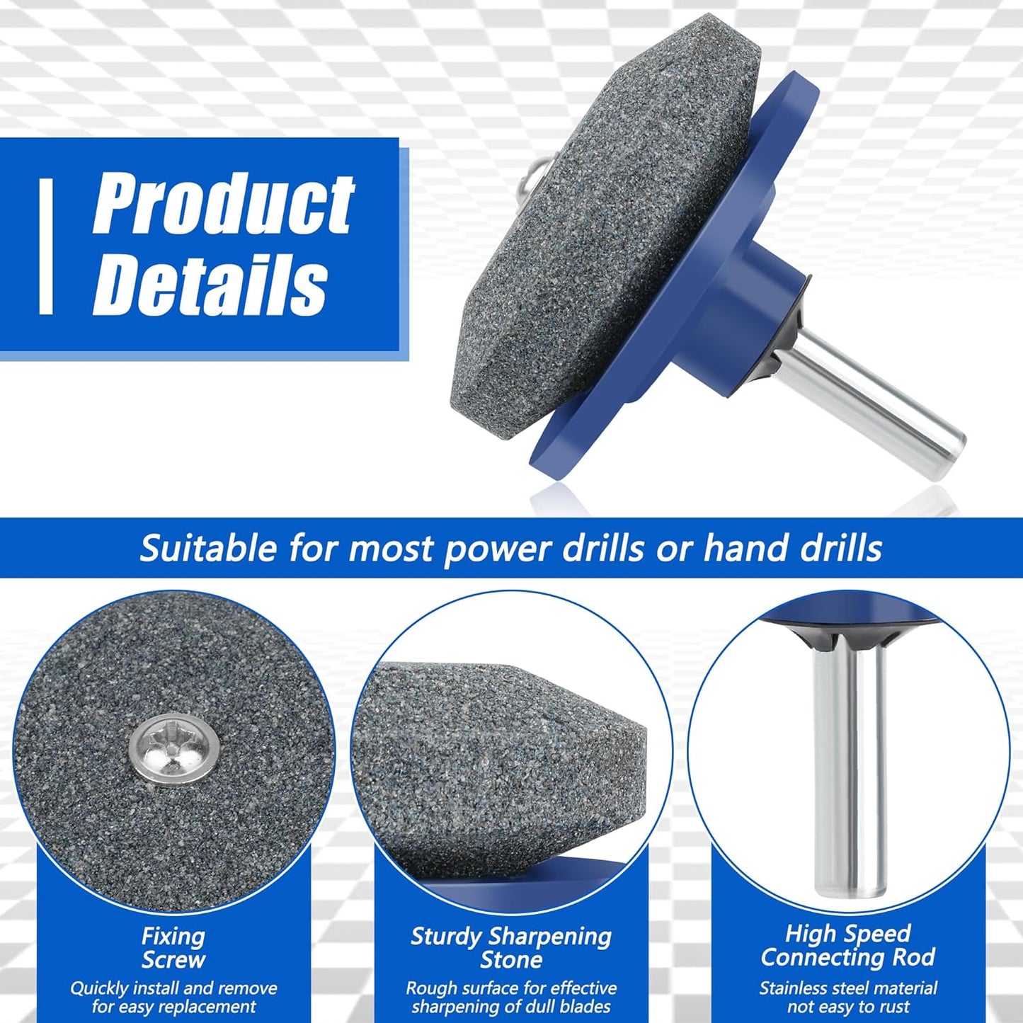 4+1PCS Lawn Mower Blade Sharpener, Universal Lawnmower Blade Sharpener Mower Sharpening Stone with 1PCS Balance Tool for Hand Drill/Power Drill