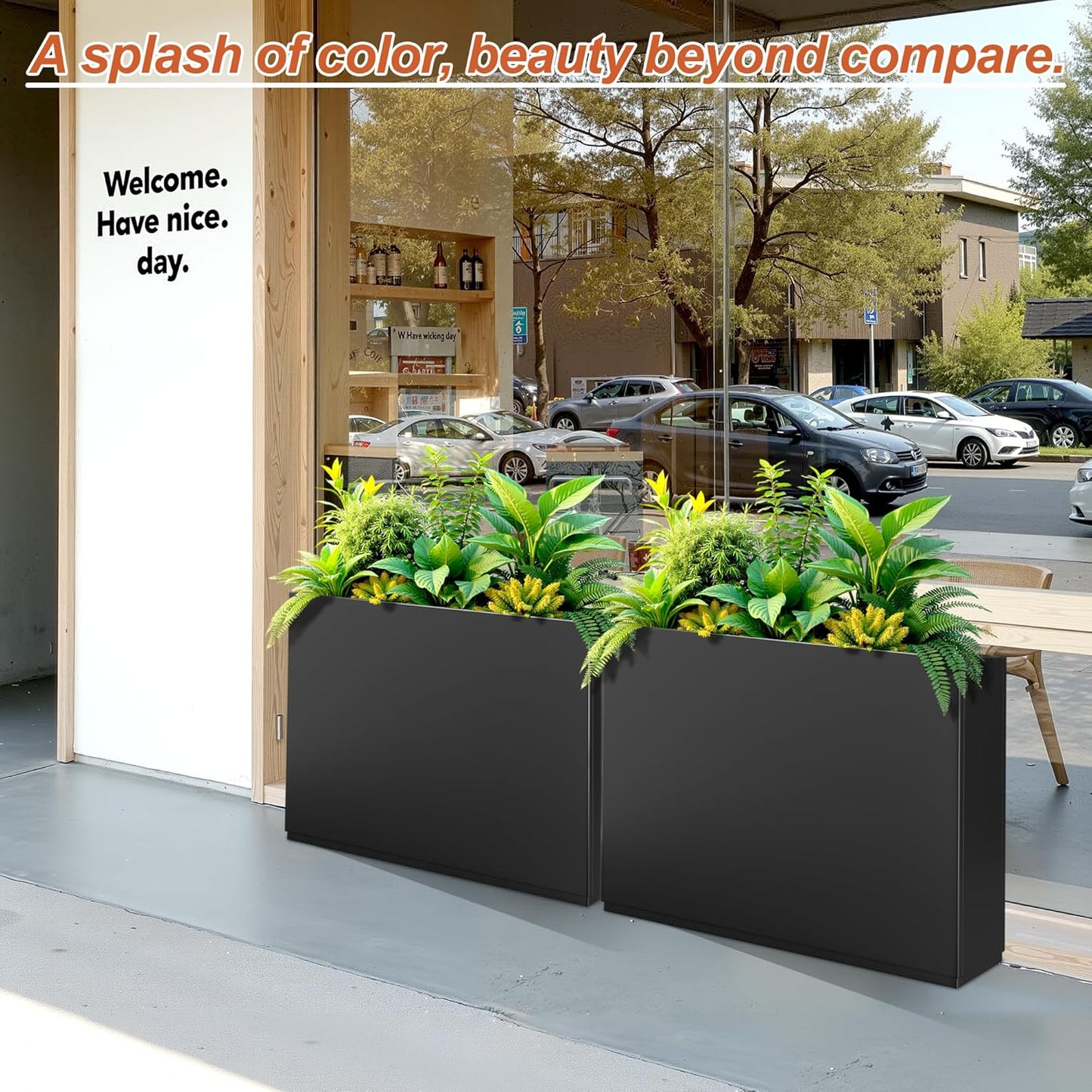 Metal Rectangular Planter for Outdoor Plants, Coated Large Planter Box with Drainage, Outdoor Patio PLanters with Sturdy Thickened Divider for Yard, Garden