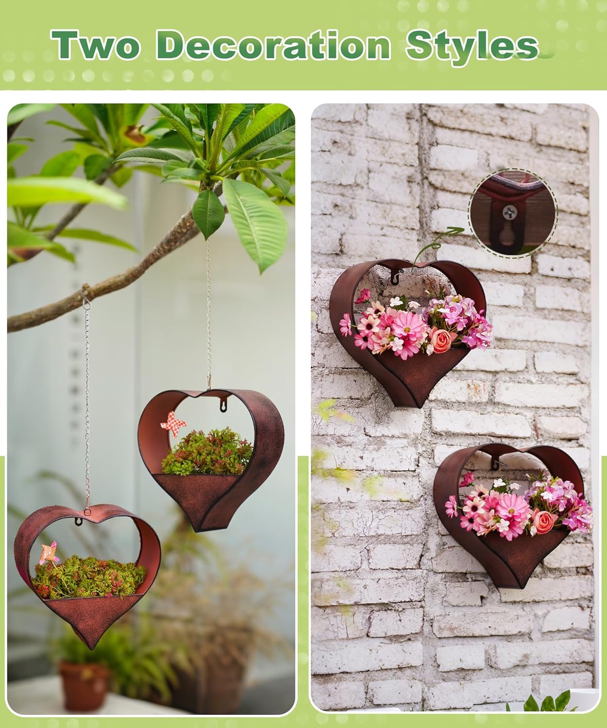 Metal Plant Hangers Indoor and Outdoor: Birthday Gifts for Women Mom Wife Father Garden Lovers - Rustic Heart Shape Hanging Planters Perfect for Window Wall Living Room Office Decor(2 Pack)
