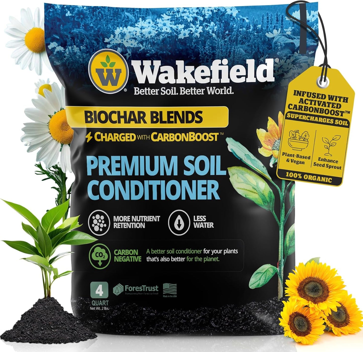 Wakefield Premium Indoor Potting Soil - Professional Biochar & Probiotics with CarbonBoost Technology - Ultimate Organic Potting Mix for Indoor & Outdoor Plants, Succulents & House Plants - 4Quarts