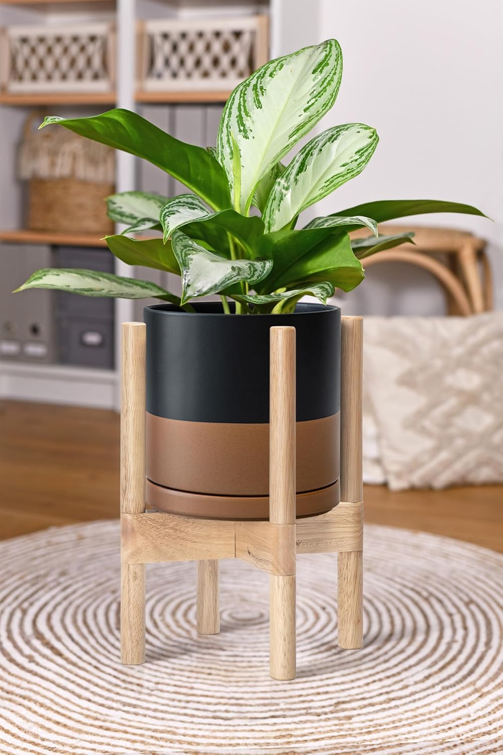 D'vine Dev Ceramic Planter with Natural Stand - 8 Inch Modern Round Flower Pot with Wood Planter Holder, Black/Speckled Tan, 55-B-N-7