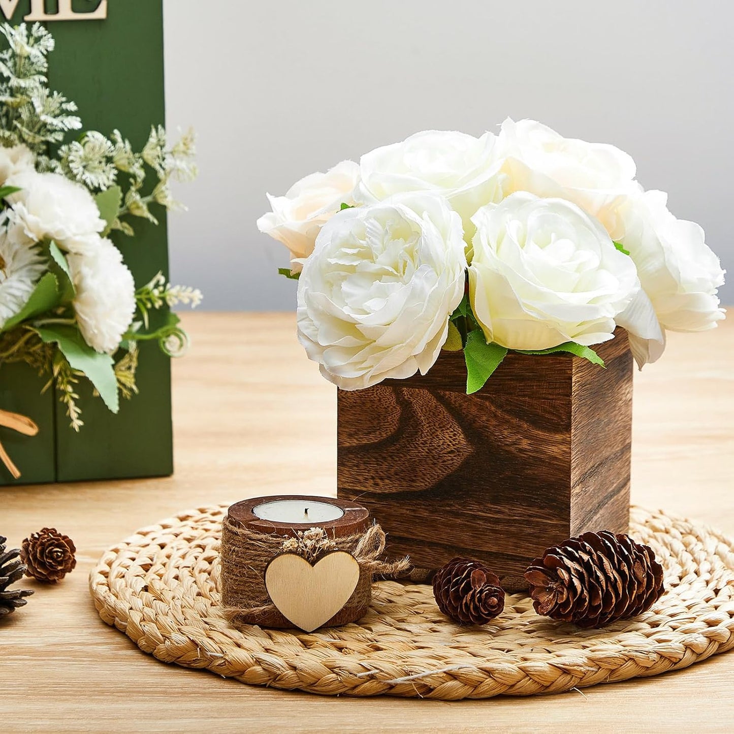 Dandat 12 Set Wood Cube Planter Box Square Wood Vase Rustic Cube Planter Box with Removable Plastic Liner Floral Foam Blocks for Centerpieces Home Wedding Garden Decor, Country Style (Brown)