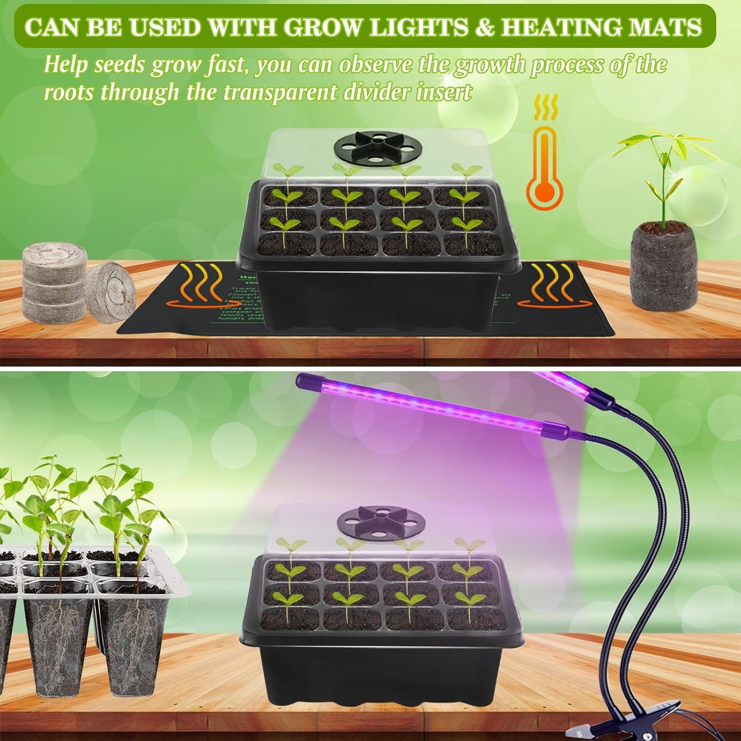 Halatool Seed Starter Kit 8 Pack 96 Cells Black Seed Starter Tray with 100 PCS Peat Pellets for Seedlings Organic Seed Stater Soil Pods for Planting Vegetables Plant, Flowers