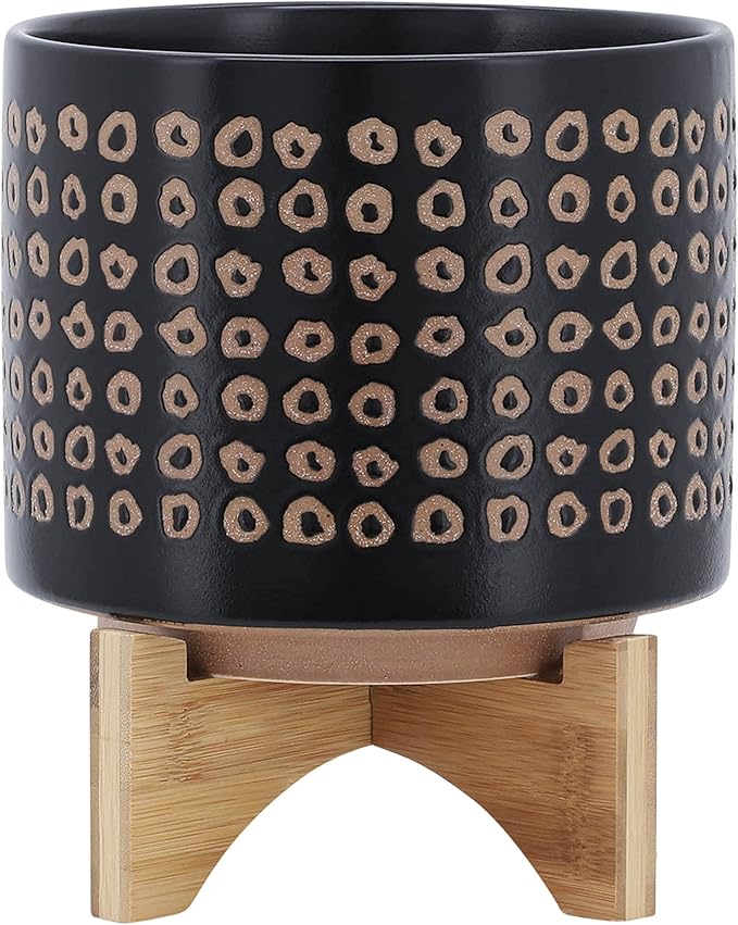 Sagebook Home 9.25" H 8" Diameter Natural Sand and Deep Brown Glazed Ceramic Dotted Planter on Brown Rubberwood Stand for Indoor and Outdoor Decorating