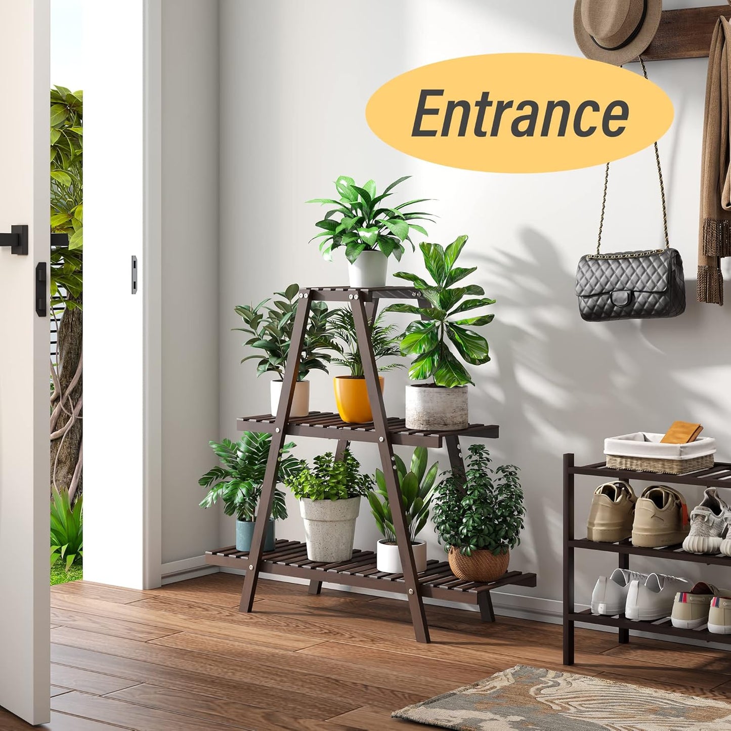 Plant Stand Indoor, Outdoor bamboo Plant Rack for Multiple Plants, 3 Tier 8 Potted Flower Holder Ladder,Plant Shelf Ladder Table Plant Pot Stand for Living Room, Patio, Balcony (Brown)