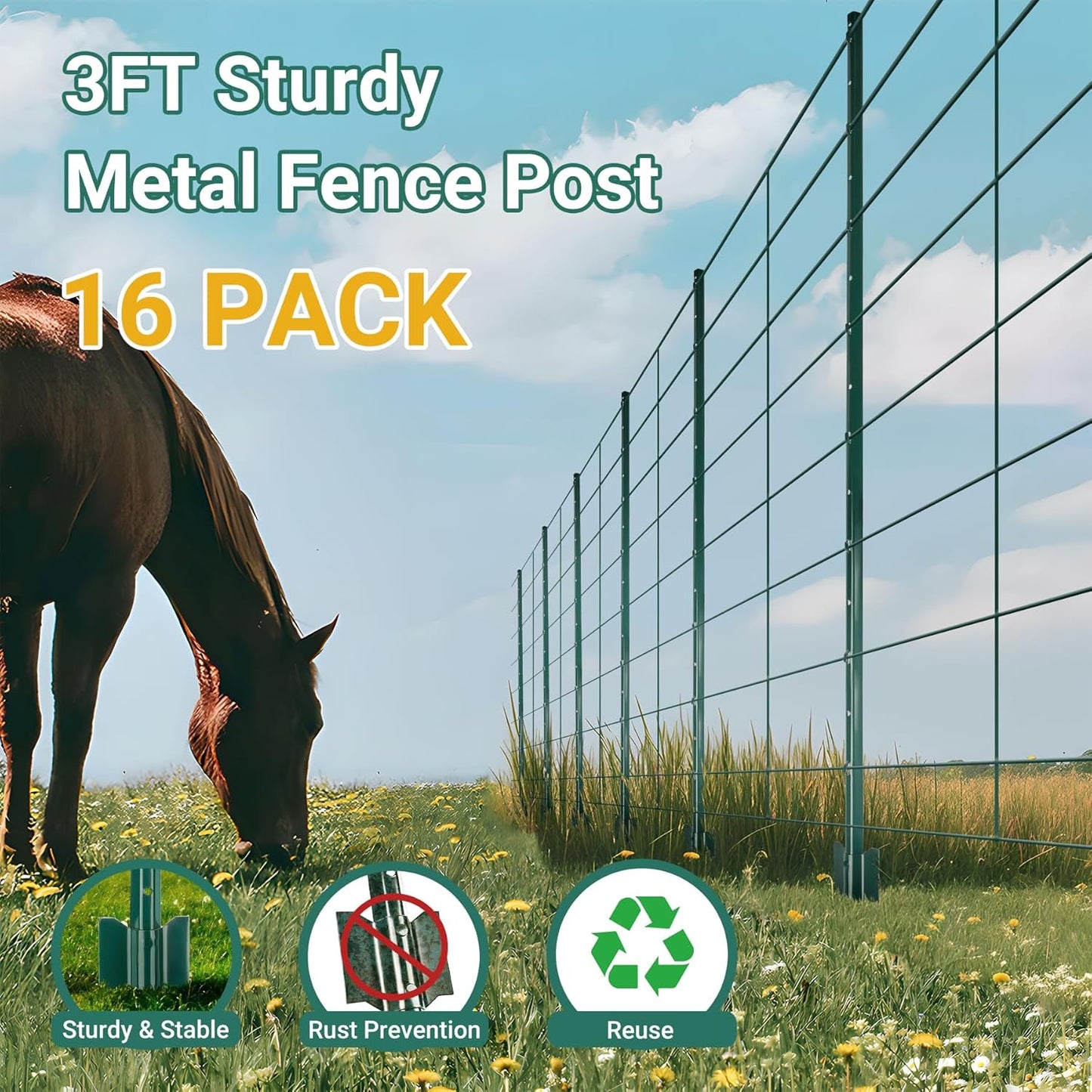 Fence Posts 3 Ft - 16 Pack, Heavy Duty Metal Fence Post, No Dig U Post for Farm, Garden, Orchard and Outdoor Wire Fencing(Green)