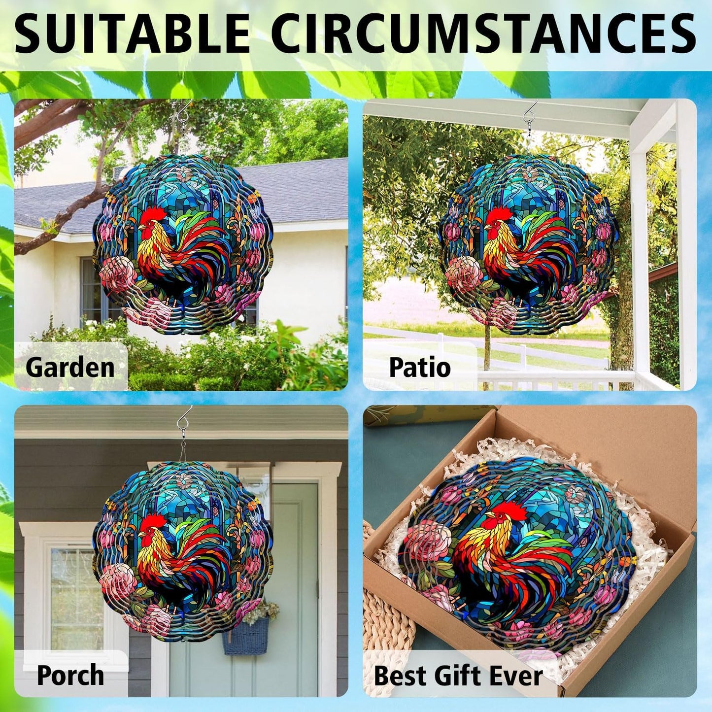 Rooster Yard and Garden Wind Spinner, Unique 3D Hanging Rooster Wind Spinner