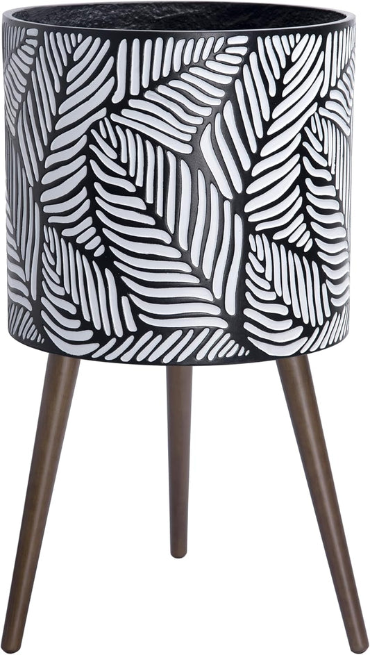 D'vine Dev 16 Inch Planter Pot with Stand, Mid-Century Tall Plant Pot with Legs for Indoor Plants, XX-Large, White/Grey, 88-L-E-7