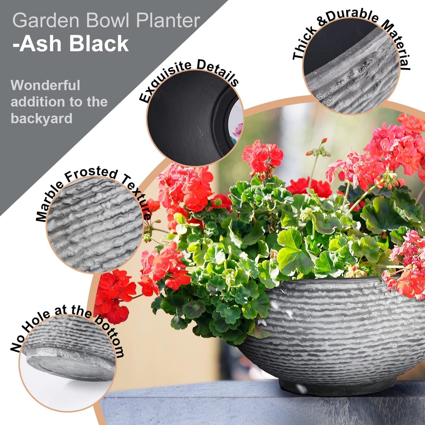 Sungmor Ash Black Resin Outdoor Low Bowl Planter Bird Bath 15.6 Inch Water Lily Succulent Pots Small Fountain Base