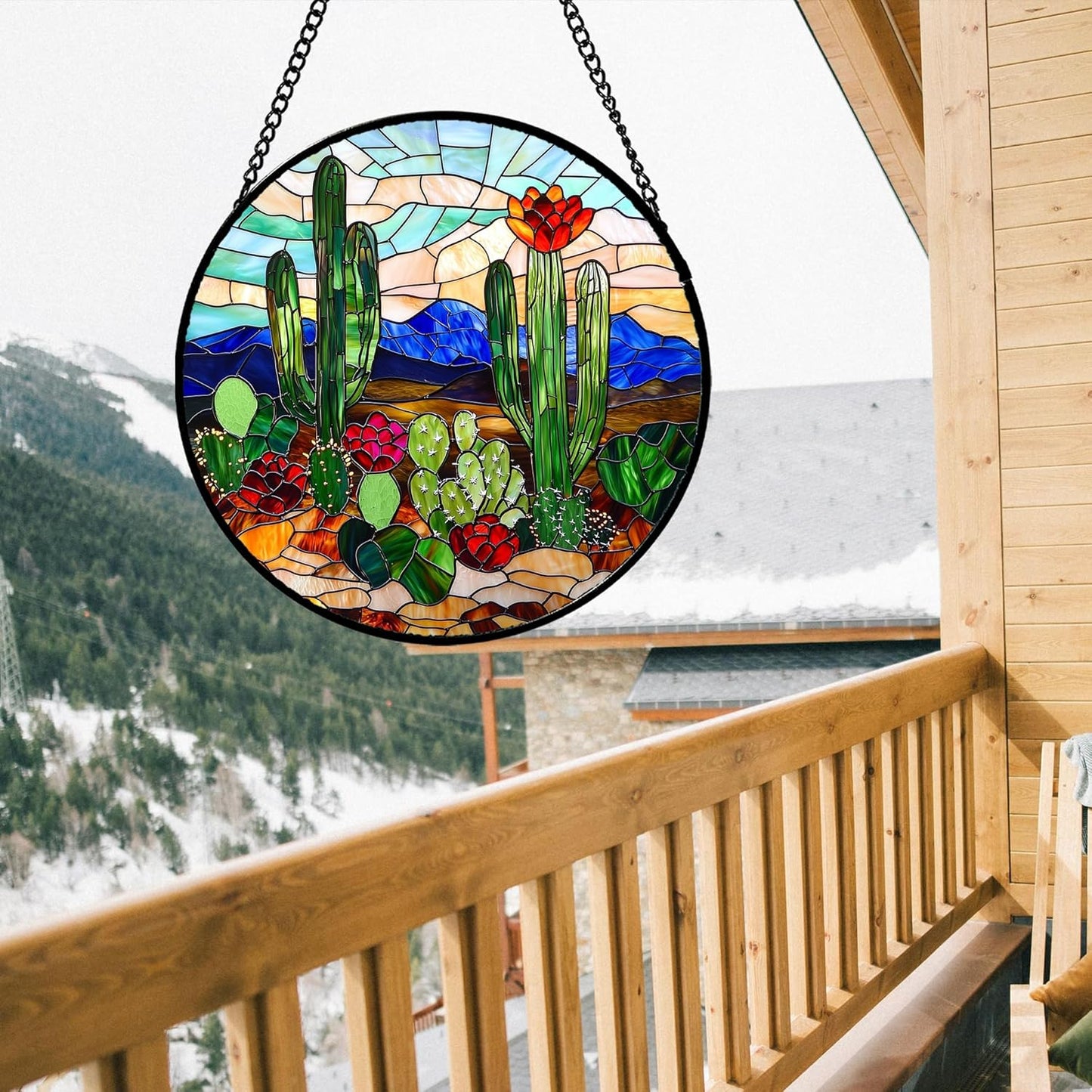 Stained Glass Window Hanging, Green Cactus Suncatcher for Doors Window Home Plant Landscape Sun Catchers Decoration Mother's Day Birthday Gifts for Women, Men, and Mom 15 in