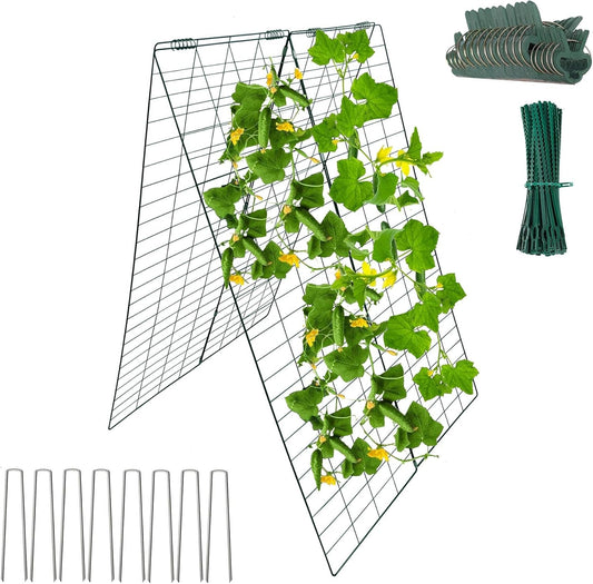 Garden Cucumber Trellis A-Frame Folding Plant Trellis 48 Inch by 34 Inch for Climbing Vegetables Flowers Green 1 Pack with Clips,Cable Ties and Ground Stakes
