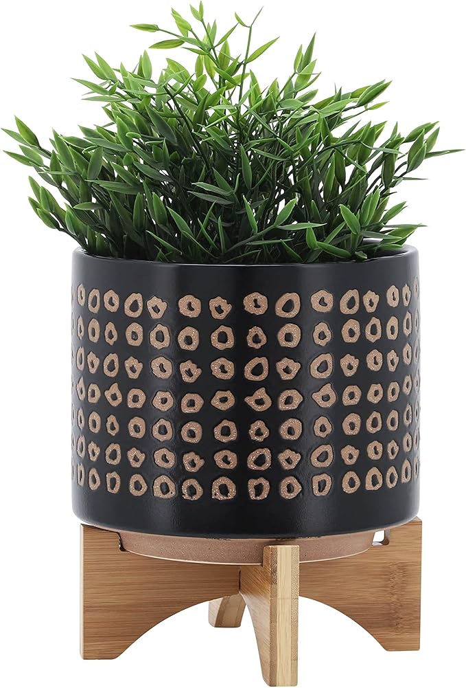Sagebook Home 9.25" H 8" Diameter Natural Sand and Deep Brown Glazed Ceramic Dotted Planter on Brown Rubberwood Stand for Indoor and Outdoor Decorating