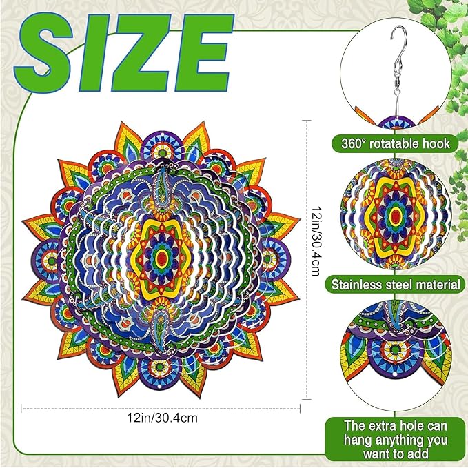 Mandala Wind Spinners, 3D Metal Wind Spinners Outdoor for Yard and Garden,12inch Stainless Steel Hanging Wind Spinners, Kinetic Yard Art Garden Decor Ornament Gifts