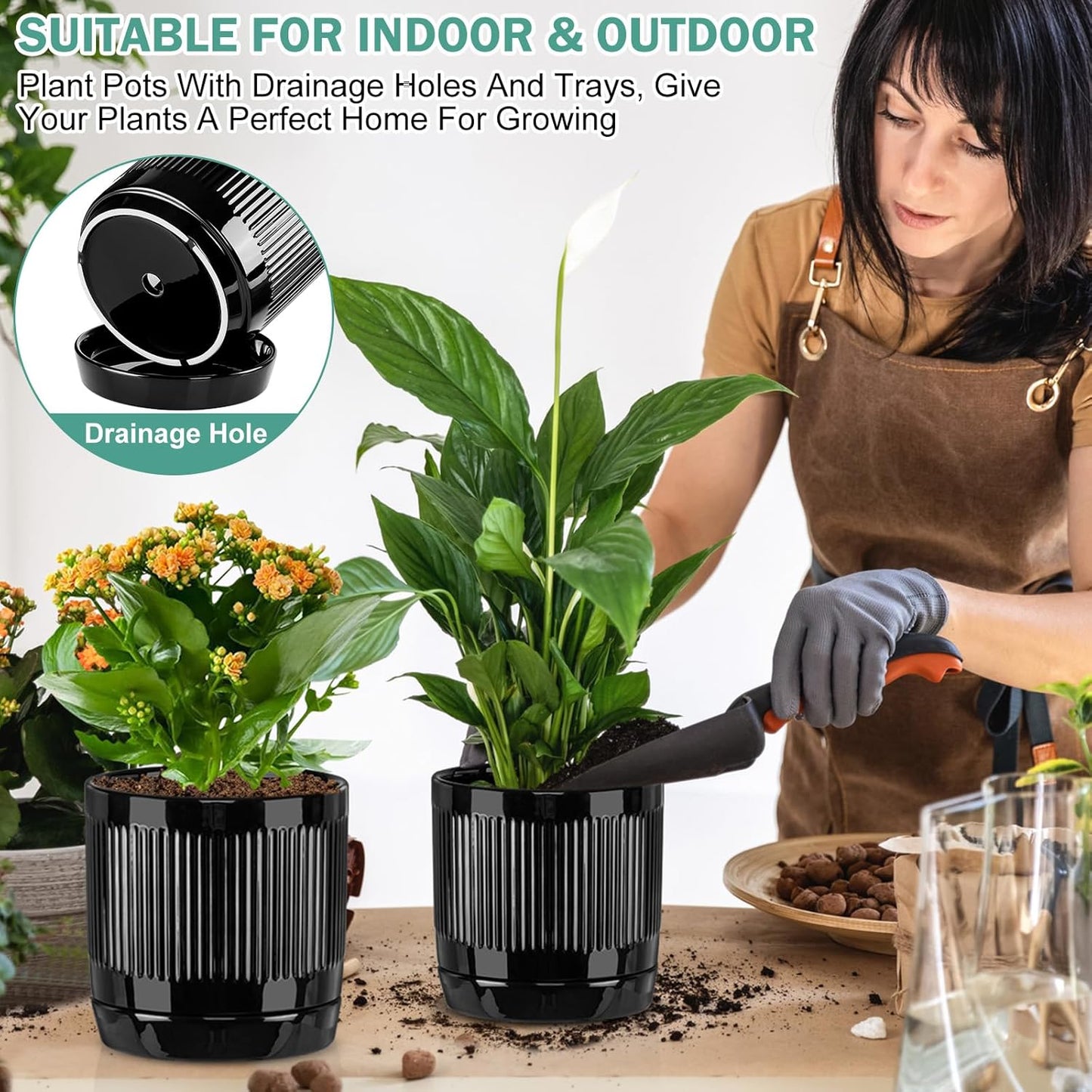 Vanavazon Ceramic Planter Pots for Indoor Plants with Drainage Hole and Saucer,6 Inch Cylinder Plant Pots,Glazed Finish Interior and Exterior,Set of 2 (Black)