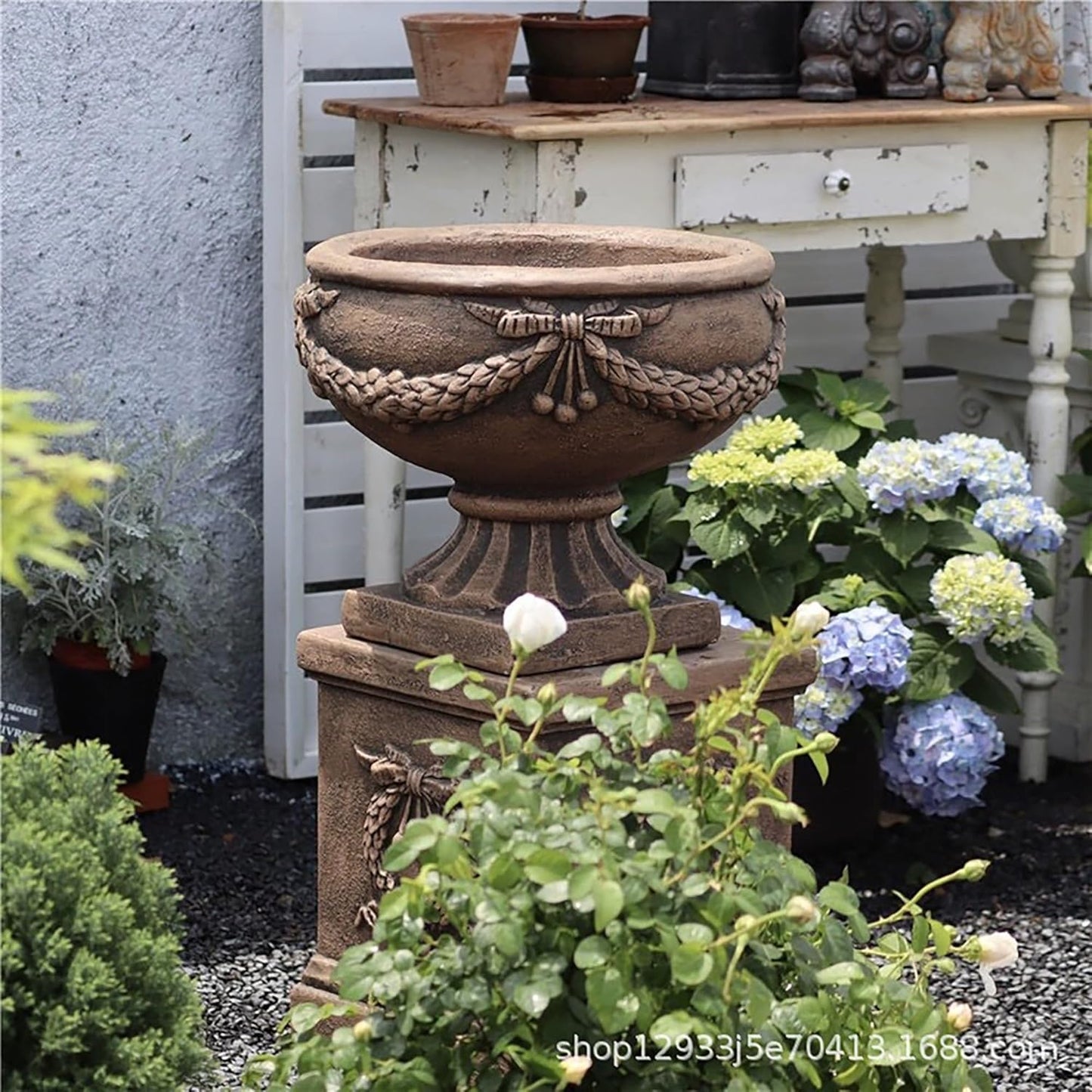Vintage Garden Urn Planter with Pedestal, Cement and Fiber, Maked Bronze Color, Decorative Leaf Pattern, 30 Inch Height, Wrap Foam Safely Delivered from Local Warehouse (Bronze)