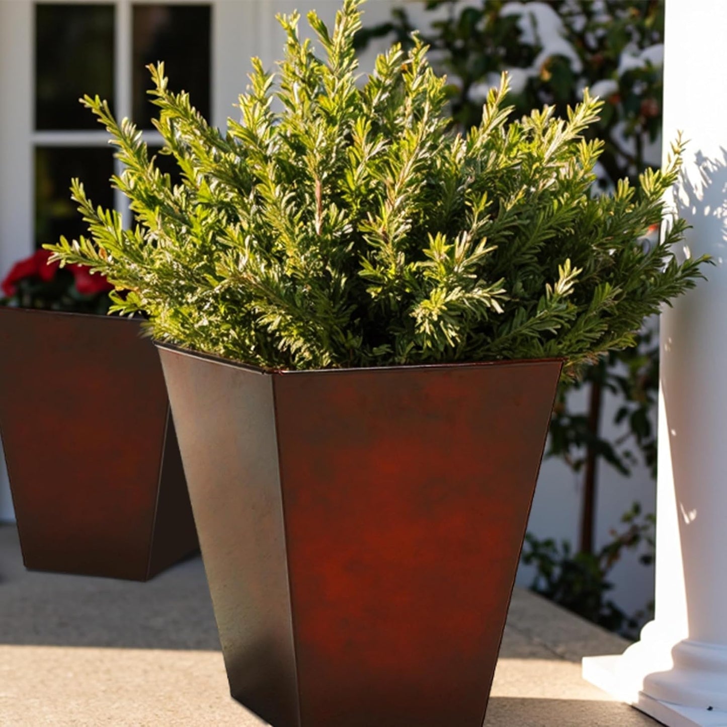 Worth Garden Large Metal Glazed Floor Planter Set of 2-14" Dia x 18" H - Luxurious Glossy Finish Red Tall Square Tapered Steel Plant Pots, Decor Flower Pot Indoor & Outdoor, Drainage Hole