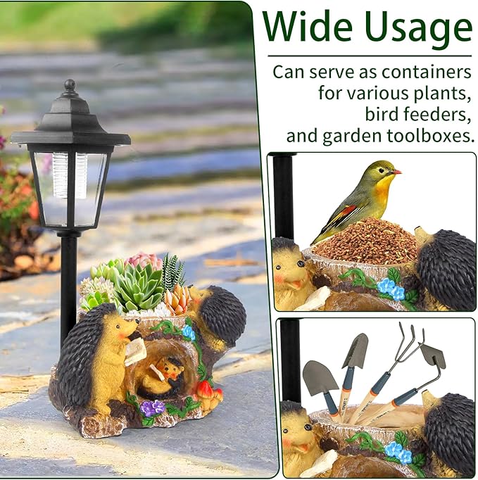 Solar Garden Statue Hedgehog Figurine,Flower Pots Planters Pots for Succulent,Garden Sculpture for Patio Balcony Yard Lawn Decor,Unique Gift for Dad Mom Grandma