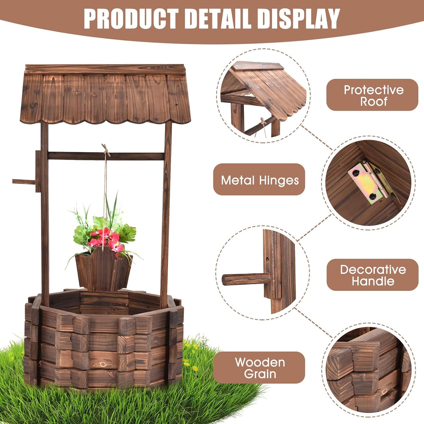 Giantex Rustic Wooden Wishing Well Planter with Hanging Bucket and Roof, Flower Plants Planter Wishing Wells for Outdoors Backyard Patio Garden Lawn Outside Decor