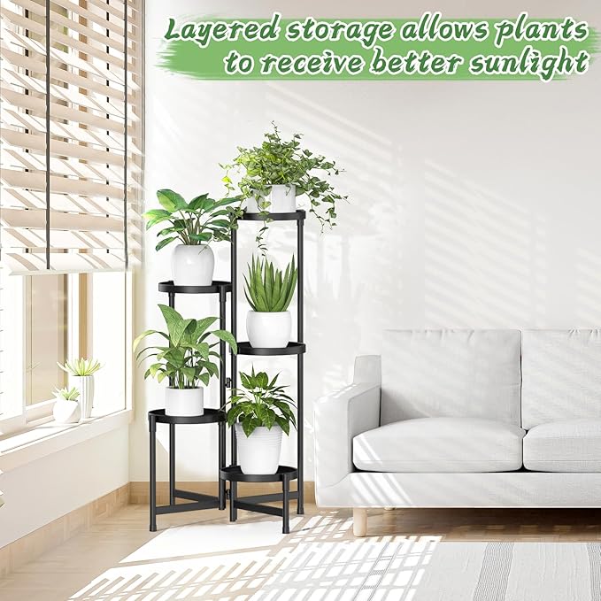 MOKANI Metal Plant Stand Indoor Outdoor for Multiple Plants, 5 Tiered Folding Corner Shelf Tall Flower Pot Holder Display Rack for Patio Living Room Balcony Garden, Black