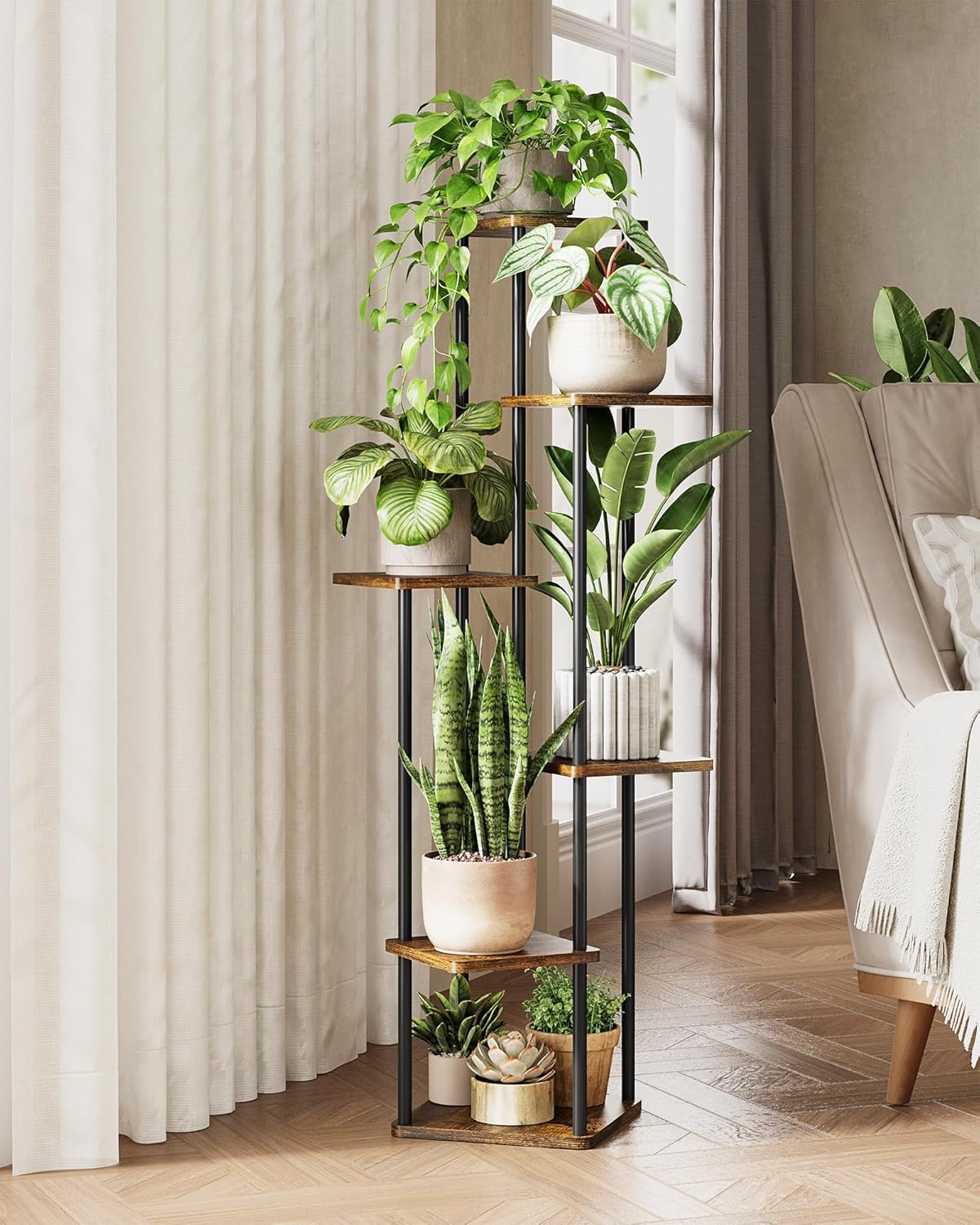 Tall Plant Stand Indoor 6 Tiered Plant Shelf for Multiple Plants Coner Shelf Stand Wood Plant Stand Metal Shelving for Living Room Bedroom Balcony Patio Brown Oak
