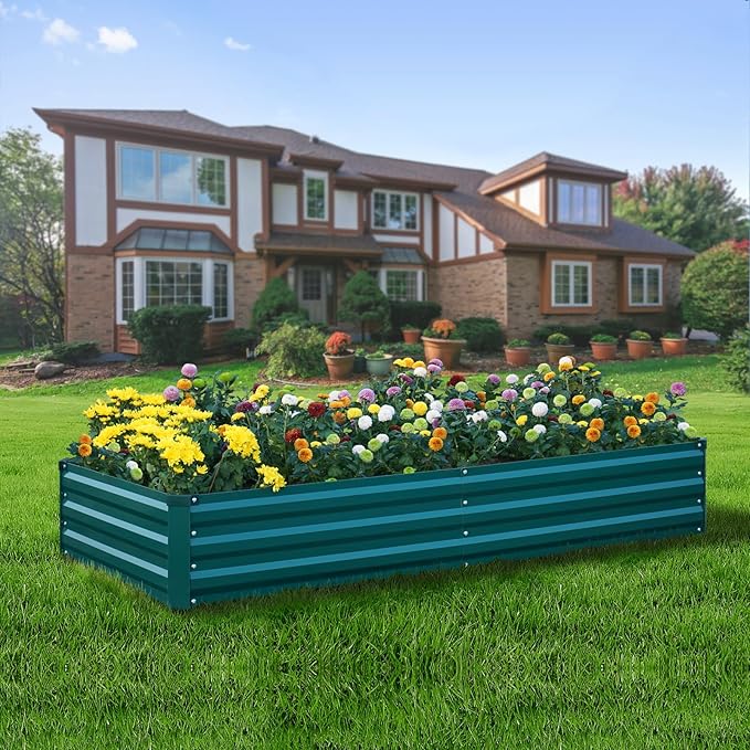 Raised Garden Bed Green, 8x4x1FT Garden box Outdoor for Gardening Vegetables Flower, Garden Raised Planter Box Large, Metal Raised Bed
