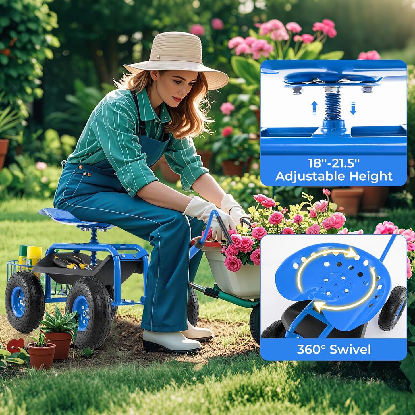 Rolling Garden Seat, Garden Stool with Wheels, Extendable Handle, Storage Basket & Tool Tray, Garden Scooter with 360 Degree Swivel Seat for Outdoor, Garden & Yard (Blue)