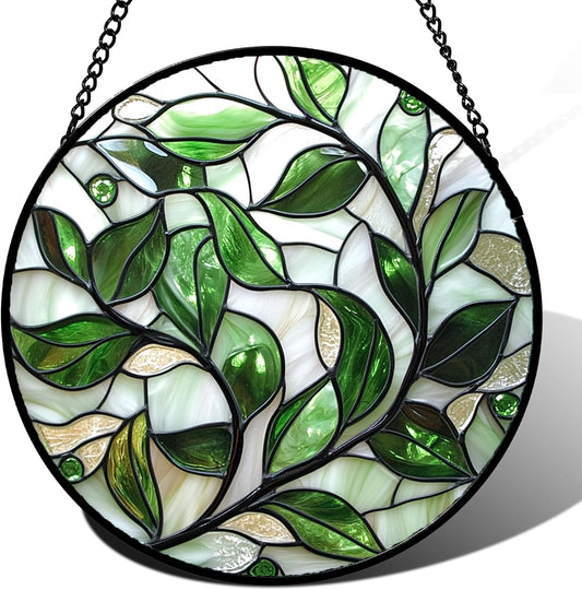 Stained Glass Window Hanging - White Green Leaves Suncatcher for Doors Window Home Plant Sun Catchers Decor Christmas Mother's Day Birthday Gifts for Teacher Women Men Mom Nana 7.8 in