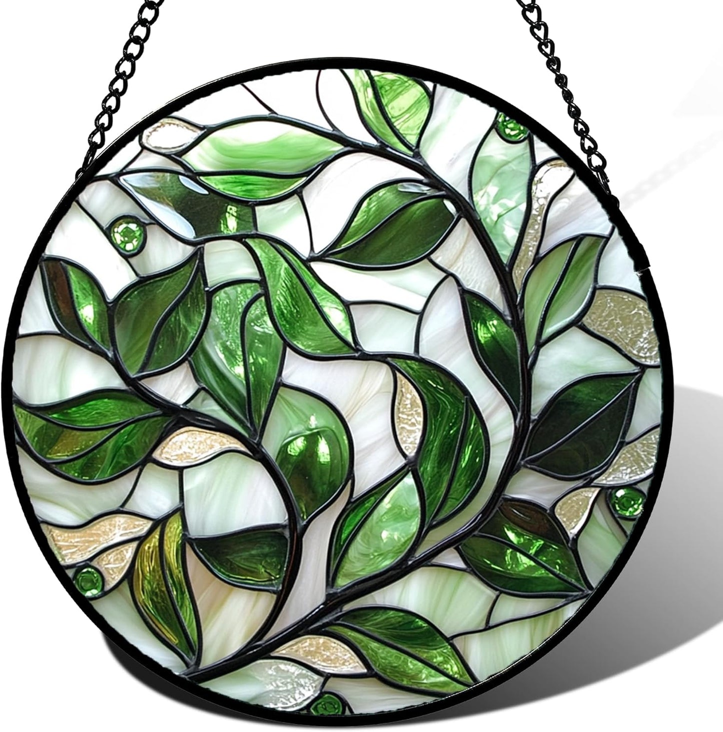 Stained Glass Window Hanging - White Green Leaves Suncatcher for Doors Window Home Plant Sun Catchers Decor Christmas Mother's Day Birthday Gifts for Teacher Women Men Mom Nana 15 in