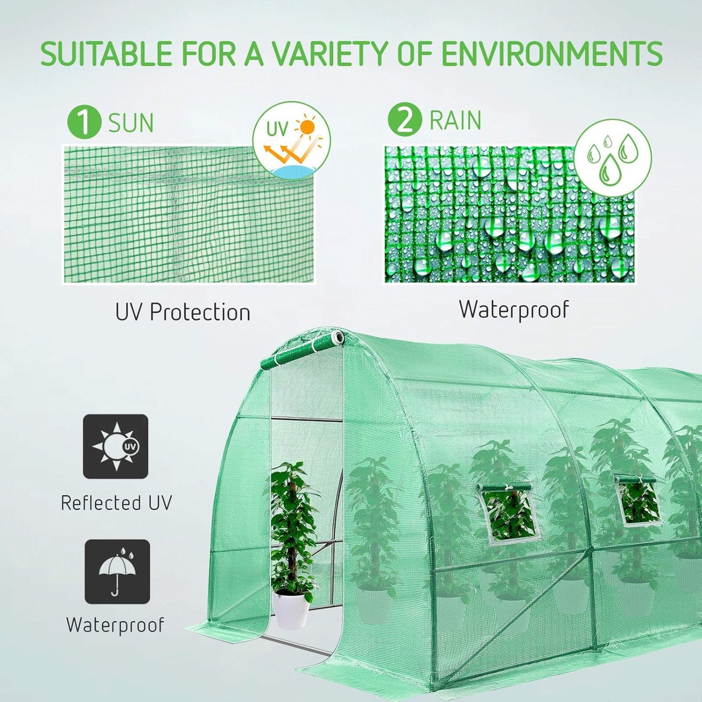 VIVOSUN 13x10x7 Ft. Large Walk in Greenhouse, Greenhouse Tunnel, Garden Plant Hot House with Green PE Cover, Roll-up Zipper Door and Window for Outdoor