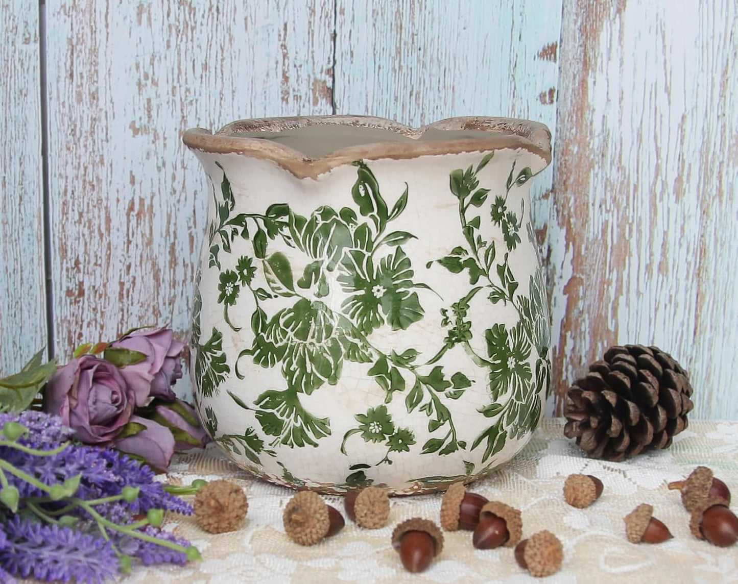 Ceramic Pots for Plants, Vintage Plant Pots with Drainage Hole, 6.11in. Planter for Indoor Plants, Crackle Glaze Finish Flower Pot, Perfect Tuscan Ceramic Planter for Gardening, Green