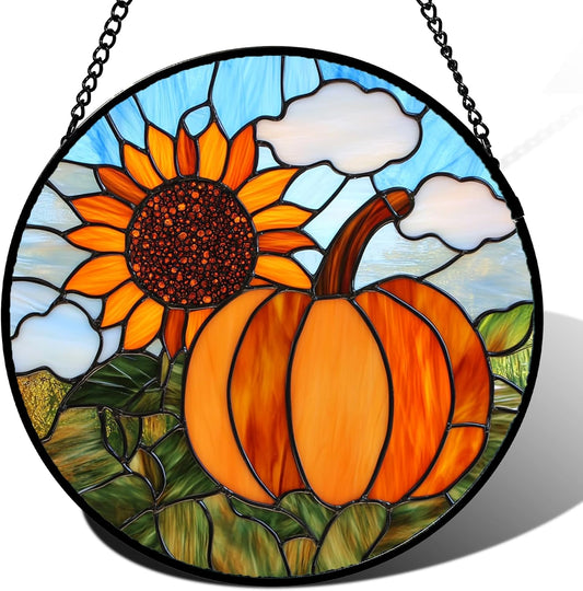 Stained Glass Window Hanging Fall Farm Scenery Sunflower Pumpkin 9.8" - Suncatcher Door Garden Kitchen Sunroom Sun Catcher Home Decor Birthday for Mom Grandma Men Woman