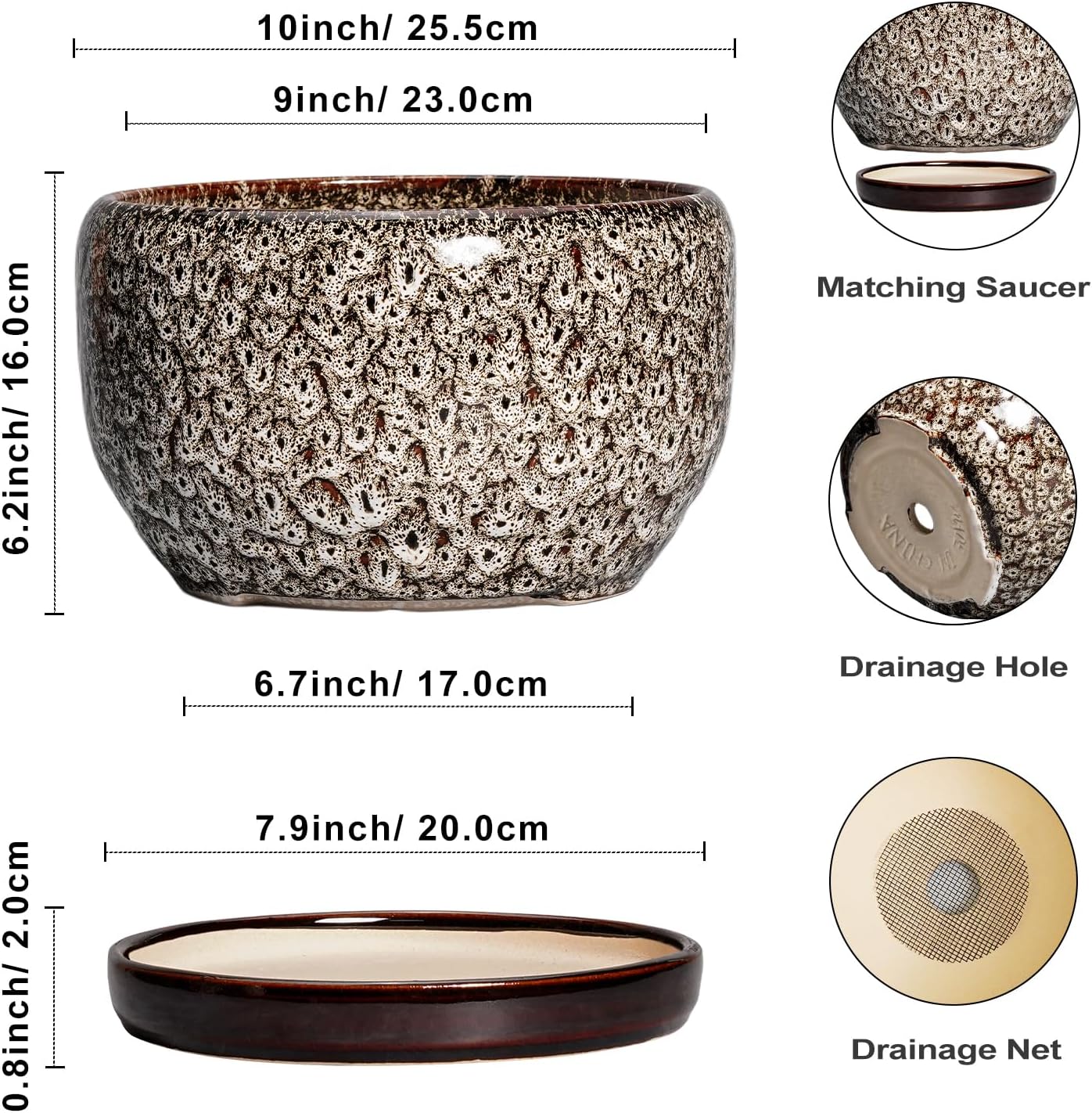 SQOWL Ceramic Plant Pots - 10 Inch Planter for Indoor Plants Outdoor, Large Flower Pots with Drainage Hole and Saucer, Decorative Round Planter, Apartment Decor, Garden Gifts for Women, White