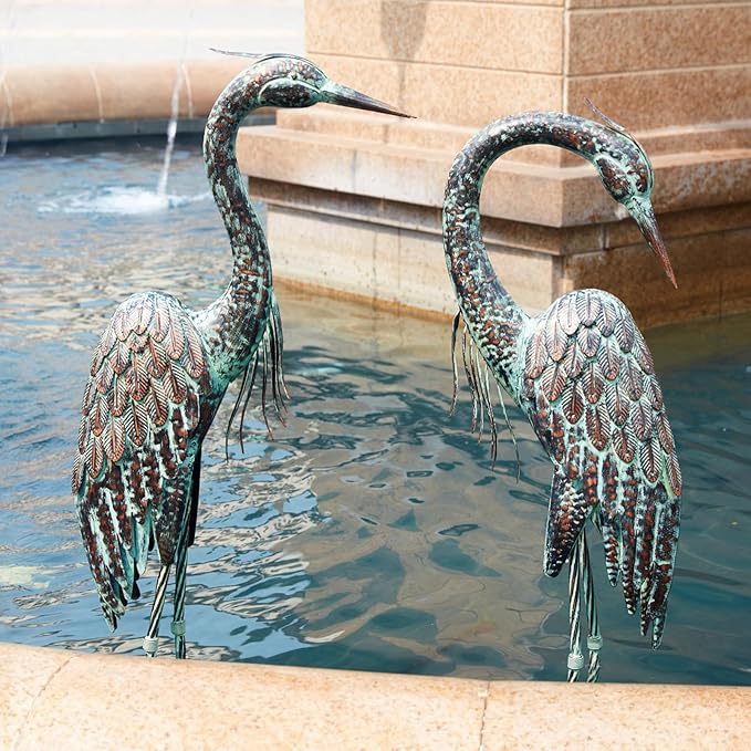 Kircust Garden Crane Statues, Standing Metal Patina Heron Decoy Outdoor Statue, 42-46 Inch Bird Yard Art for Patio Lawn Pond, Set of 2