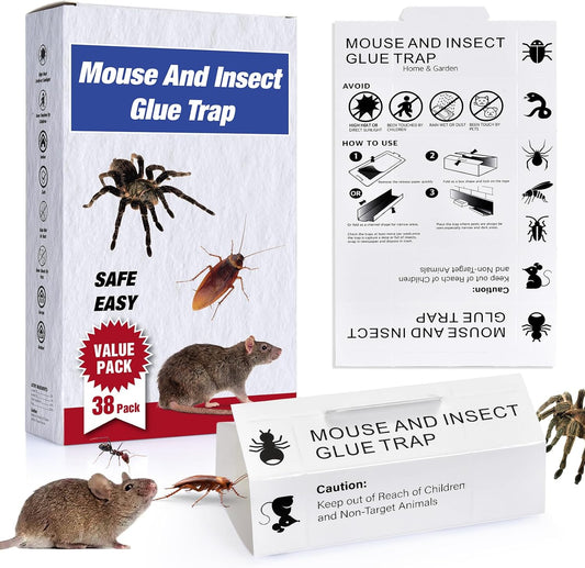 38Pack Mouse & Insect Traps Indoor for Home, Glue Traps for Mice Roach Ant Snake Rats Rodents, Sticky Pest Control Adhesive Tray for Catching Bugs, Sesame Oil Scent Non Toxic Pre-Baited Glue Boards
