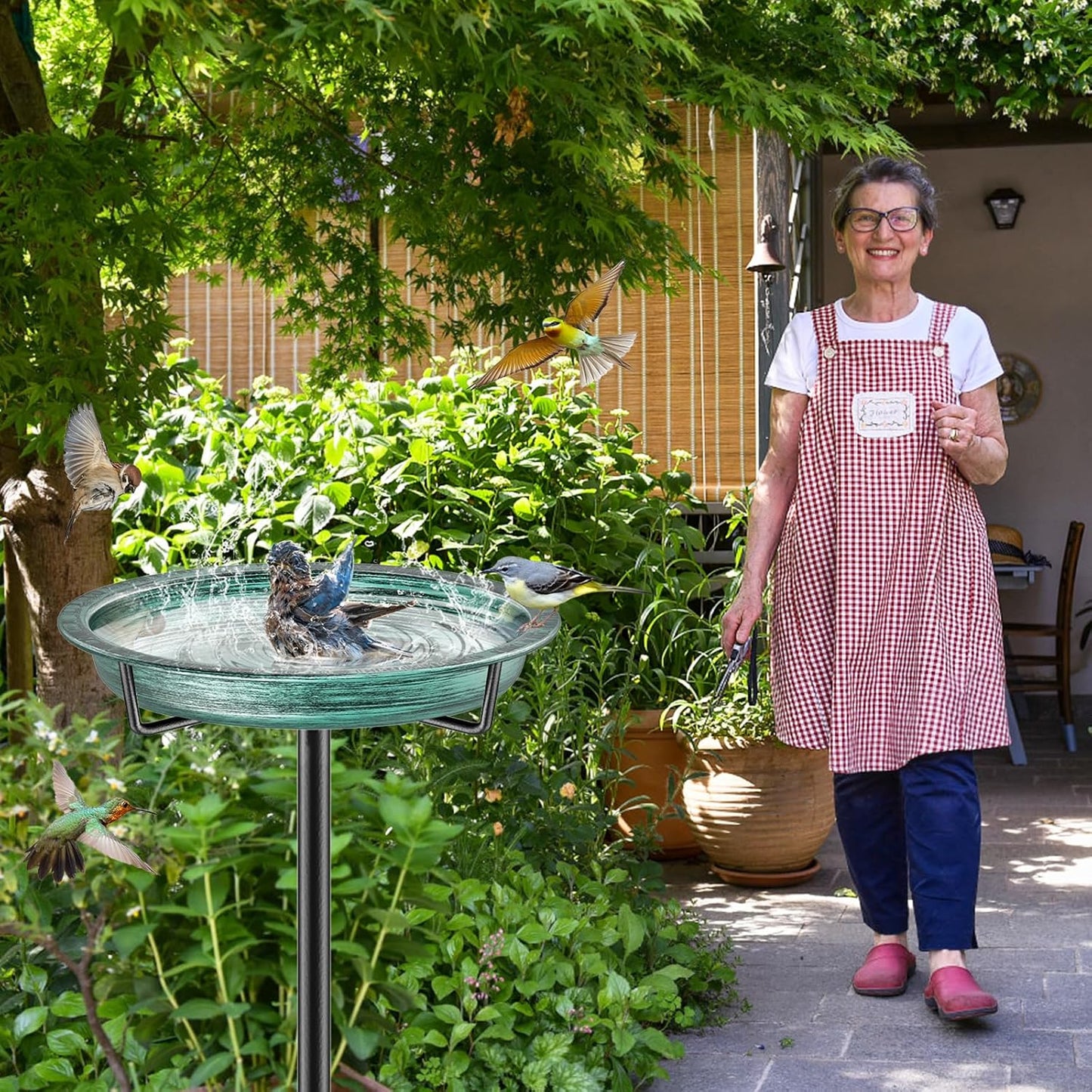 Bird Baths for Outdoors, Detachable Birdbaths for The Garden Clearance, Heavy Duty Freestanding Bird Baths, Bird Bath Bowl Spa & Birdfeeder with Metal Stake Stand (Retro Green)