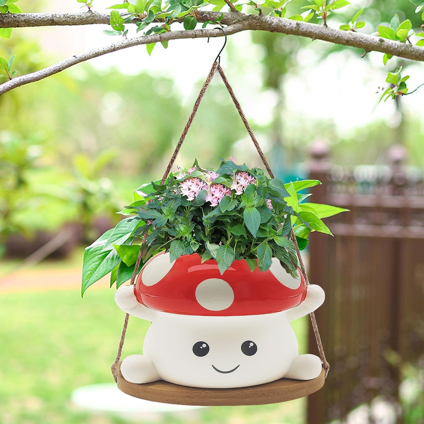 Mushroom Swing Plant Pot,Ceramic Hanging Plant Holder for Indoor Outdoor Plants,Cute Plant Hanger Flower Pot Mushroom Garden Decor Mushroom Gift