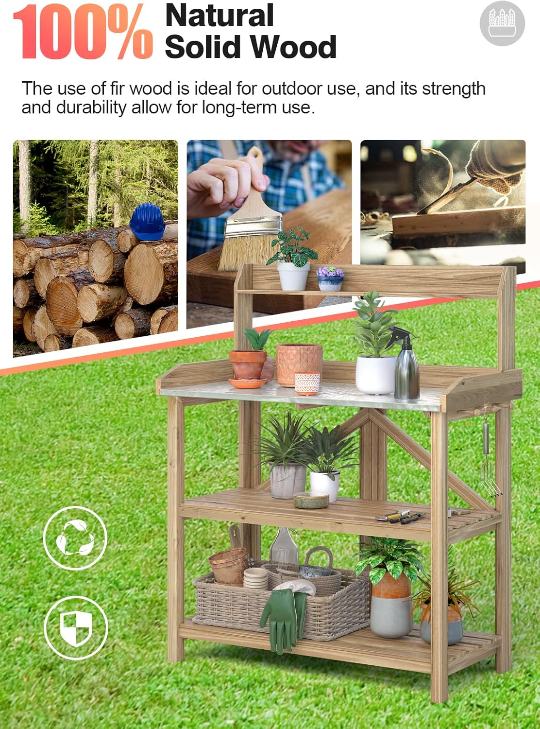 ARNOT Potting Bench, Enhanced 3-Shelf Potting Benches for Outdoors, Wooden Garden Potting Bench Tables W/Metal Tabletop & Cabinet Drawer, 3 Hooks