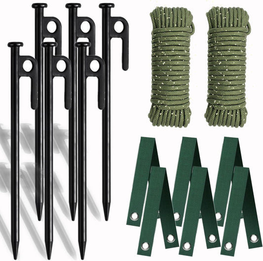 Tree Stakes Kits, Tree Stakes and Supports Kits for Hurricane Protection & Bad Weather, Include 6 PCS 11.8" Heavy Duty Steel Tree Stake, 6 PCS 15.8" Tree Straps and 100 FT Rope